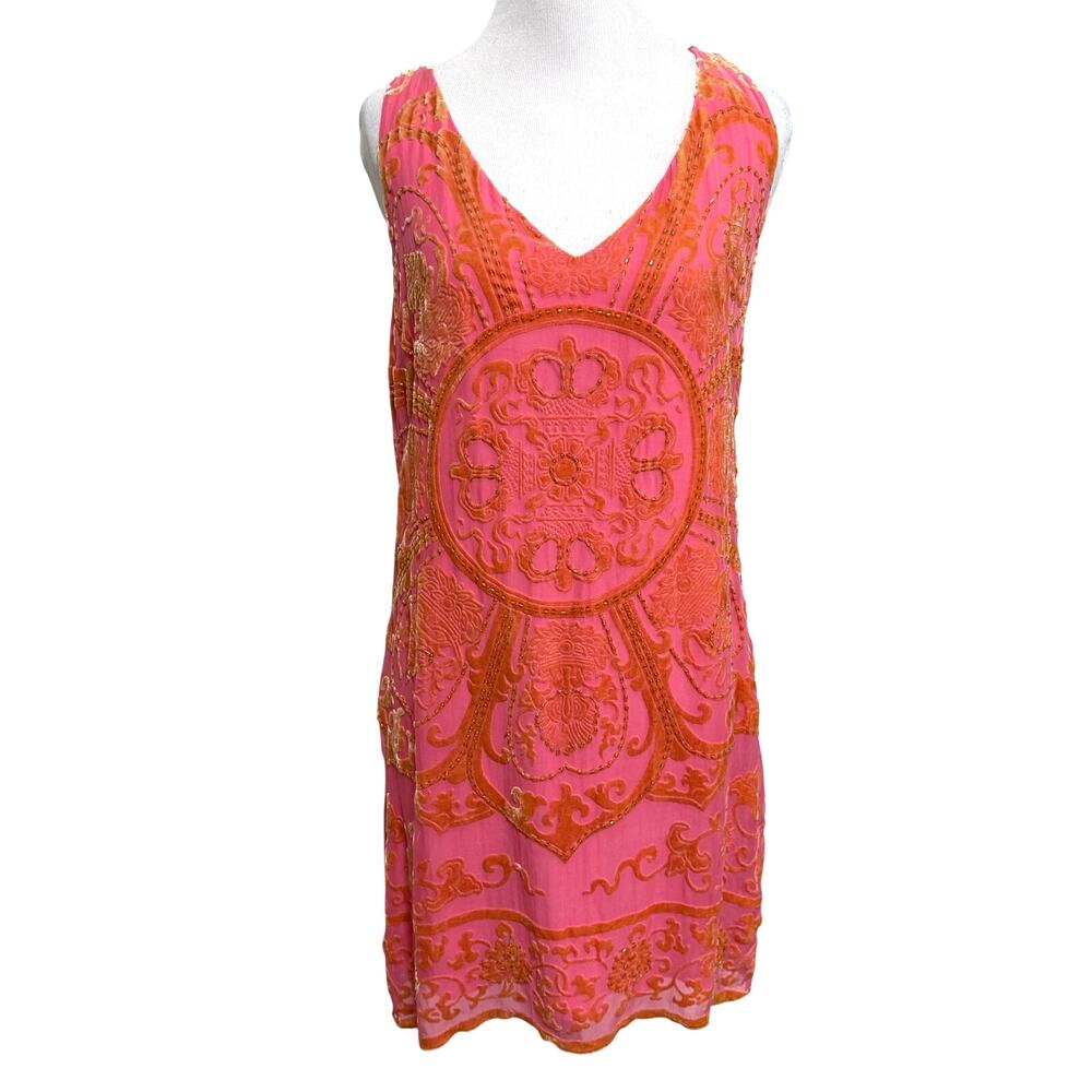 Hale Bob Womens Silk Blend Mini Dress S Pink Beaded Velvet Boho Fairy Artsy